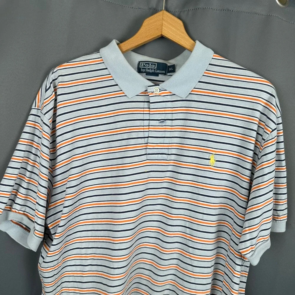 Polo Ralph Lauren Striped Polo Shirt Mens XL Blue Orange Navy Short Sleeve Pony
